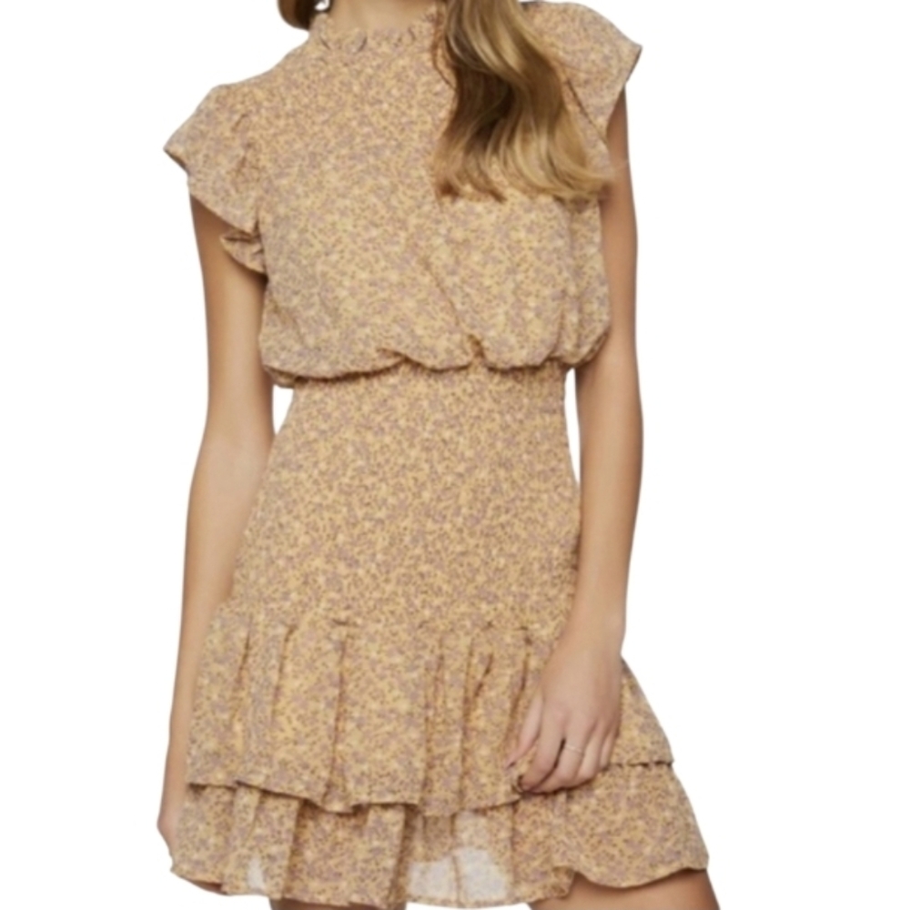Timing Yellow Floral Ruffle Smocked Coquette Cottagecore Short Sleeve Mini Dress
